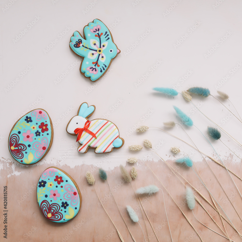 Gingerbread in shape of easter bunny, bird and easter eggs Gingerbread in shape of easter bunny, bird and easter eggs