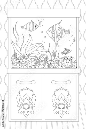 aquarium with fishes and seaweeds on cabinet against wallpaper f