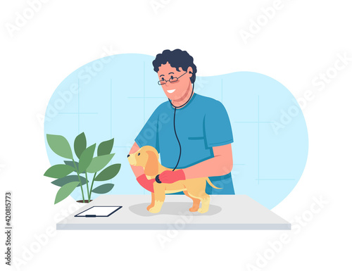 Veterinarian care 2D vector web banner, poster. Happy vet doctor with stethoscope holding puppy flat characters on cartoon background. Domestic animal care printable patch, colorful web element