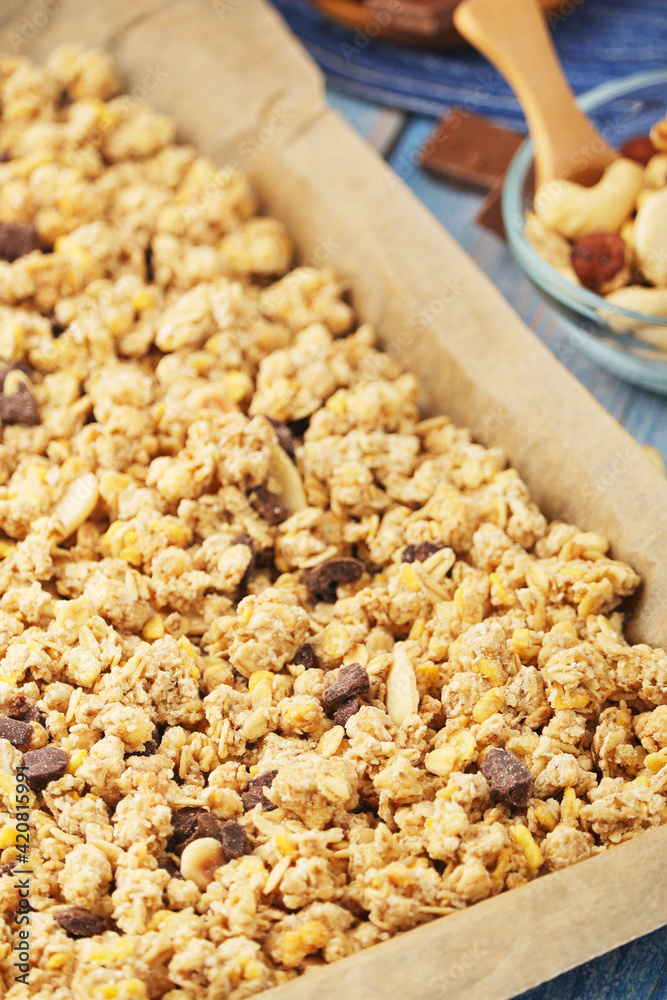Homemade granola with nuts and chocolate	