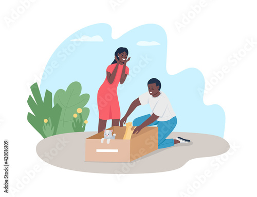 Saving homeless cats 2D vector web banner, poster. Happy african american couple rescuing kittens flat characters on cartoon background. Stray animals adoption printable patch, colorful web element