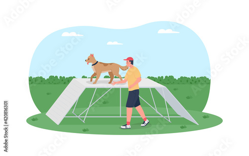 Dog training on obstacle course 2D vector web banner, poster. Pet owner with doggy companion flat characters on cartoon background. Outdoor competition for puppy printable patch, colorful web element