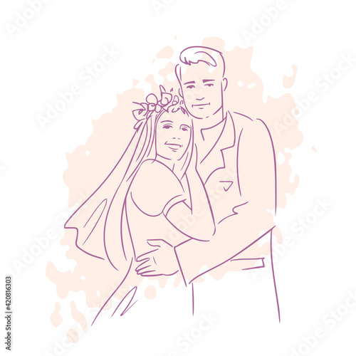 Silhouette of bride and groom, wedding invitation. Pink Outlines of a person silhouette. Hand-drawn vector illustration. Isolated on white.