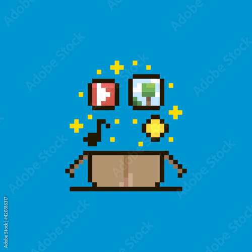 colorful simple flat pixel art illustration of cartoon open magic cardboard box with symbols above it music note, video player, picture and coin or token