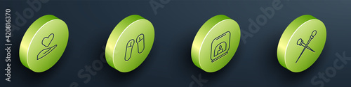 Set Isometric Heart on hand, Slipper, Aroma lamp and Knitting needles icon. Vector