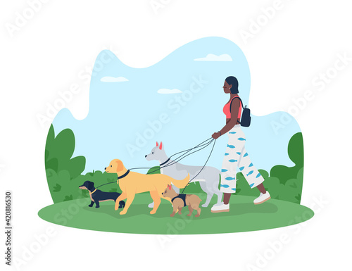 Dog walking 2D vector web banner, poster. African american woman with puppies on leashes flat character on cartoon background. Pet care and training printable patch, colorful web element