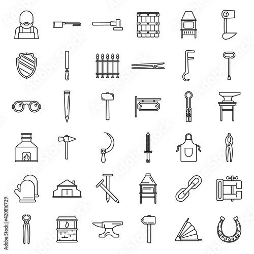Blacksmith tools icons set, outline style