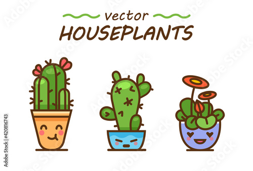 Cute lovely kawaii houseplants vector art. Kawaii faces flower pots. Cartoon style. Vector icons on white background.