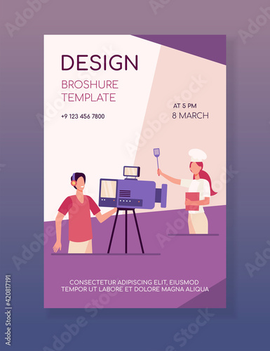 Cooking blogger taking video workshop. Chef, cameraman, camera, studio. Flat vector illustration. Cooking TV show, online training shooting concept for banner, website design or landing web page