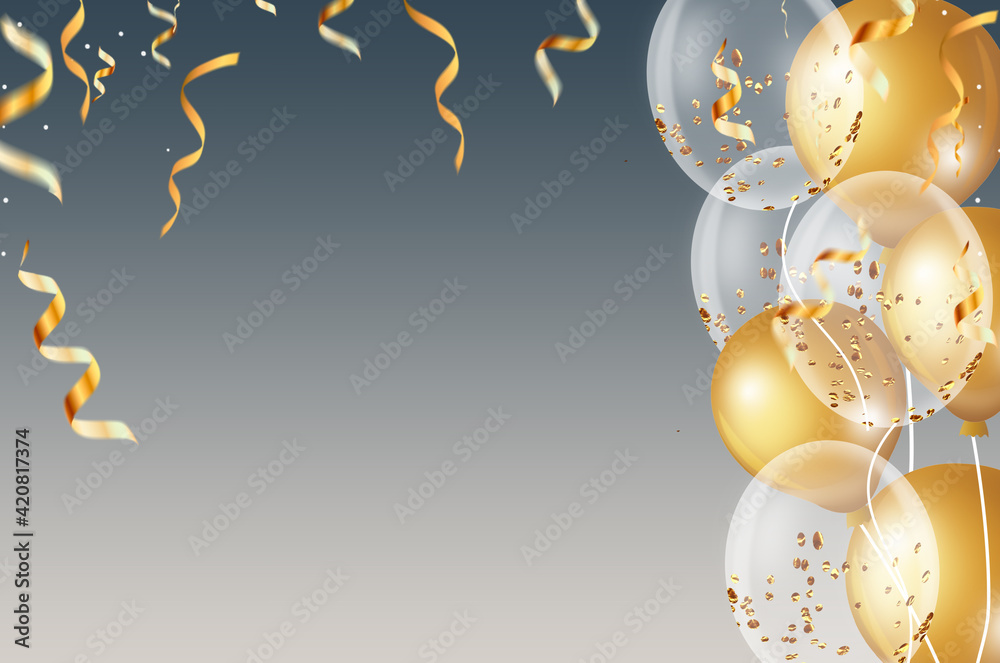3D abstract illustration with glossy metallic golden balloons over gradient  bright background. Birthday background with balloons. Stock Illustration |  Adobe Stock