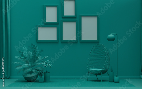 Single color monochrome dark green color interior room with furnitures and plants, 5 poster frames on the wall, 3D rendering