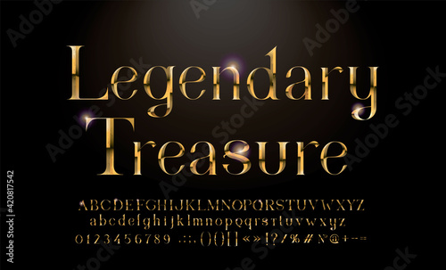 Realistic gold alphabet. Hand crafted serif font with rust effects. Gold roman textured uppercase. Elegant typeset.