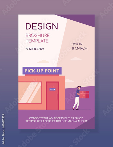 Customer carrying box from delivery service office. Pickup point, person receiving parcel, receiver. Flat vector illustration. Logistic, shipping concept for banner, website design or landing web page