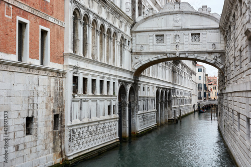A view of the Bridge of Sighs, the bridge that connects the New Prison (Prigioni Nuove) to the interrogation rooms in the Doge's Palace in Venice, Italy.