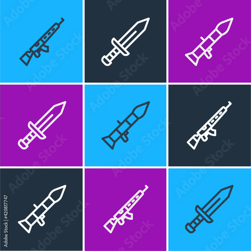 Set line Sniper rifle with scope, Rocket launcher and Sword icon. Vector