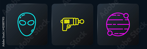 Set line Alien, Planet and Ray gun. Black square button. Vector
