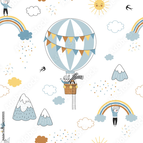 Little Boy Aeronaut in Hot-air balloon vector seamless pattern. Aviator Birthday Party design. Cute cartoon kid character hot air ballooning hang on rainbow fly kite in sunny sky.