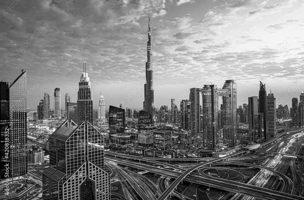 View on modern skyscrapers and busy evening highways in luxury Dubai city,Dubai,United Arab Emirates