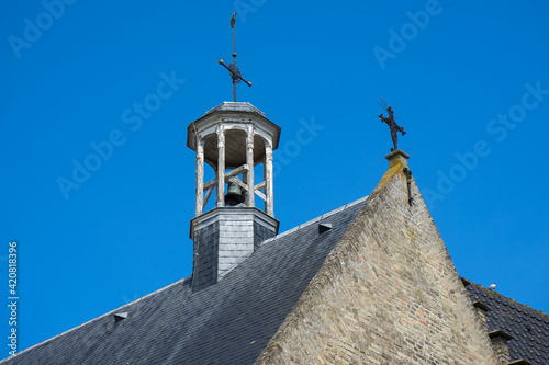Crow-stepped gables in Veurne Westhoek West Flanders Belgium in the background