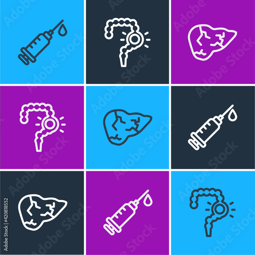 Set line Syringe, Hepatitis virus and Gut constipation icon. Vector