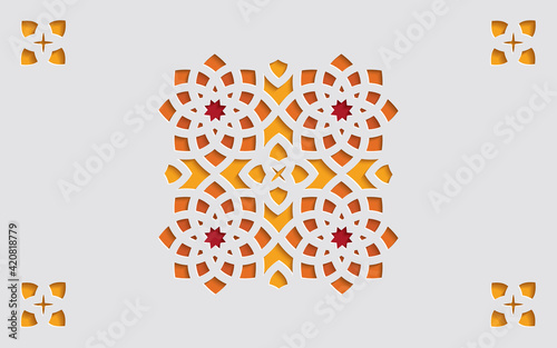 Colorful ornamental patterned stone relief in arabic architectural style of islamic mosque, greeting card for Ramadan Kareem