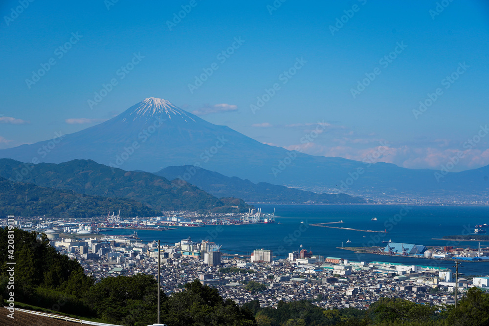 View of Shimizu Port and Mount Fuji ,Japan’s open international trading ports located in Shizuoka, Japan.