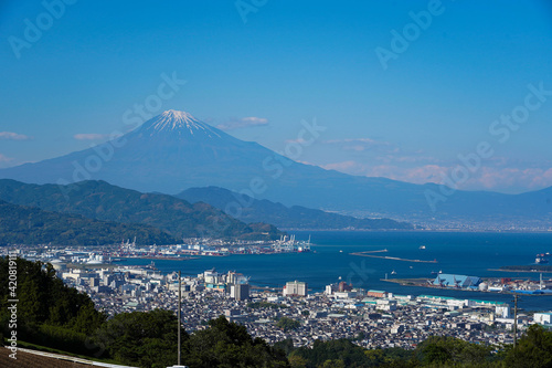 View of Shimizu Port and Mount Fuji ,Japan’s open international trading ports located in Shizuoka, Japan.