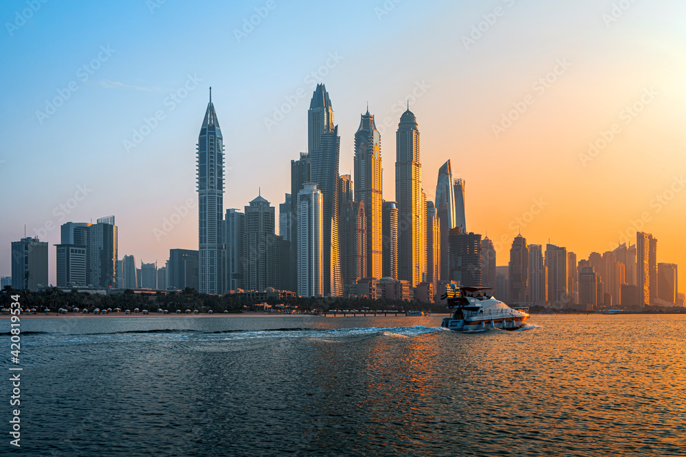 DUBAI ,UNITED ARAB EMIRATES-FEBRUARY Beautifull , Dubai downtown at the sunset, Dubai, United