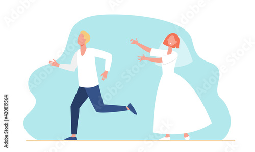 Groom man running from bride woman in wedding dress. Married couple flat vector illustration. Marriage, wedding party, newlyweds concept for banner, website design or landing web page
