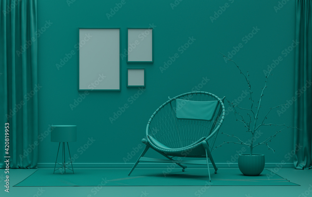 Gallery wall with three frames, in monochrome flat single dark green color room with furnitures and plants,  3d Rendering