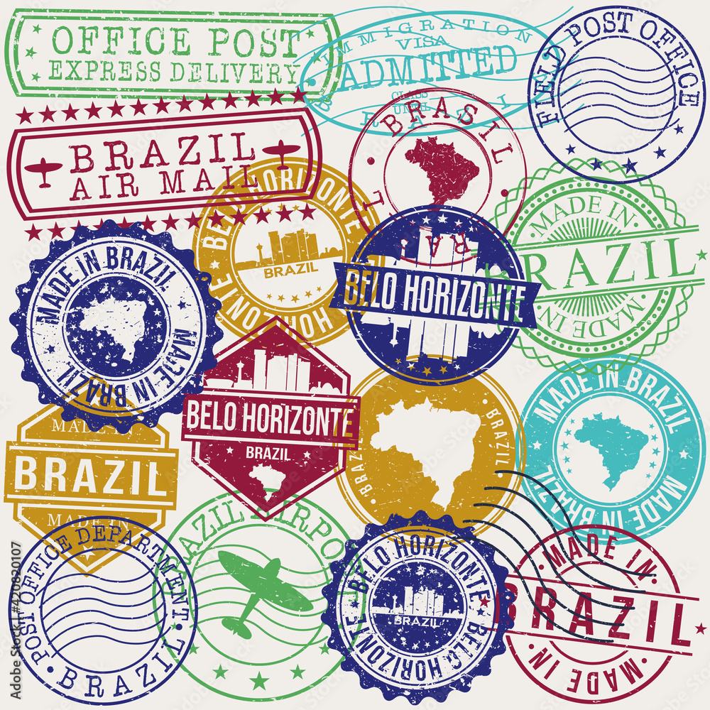 Belo Horizonte Brazil Set of Stamps. Travel Stamp. Made In Product. Design Seals Old Style Insignia.