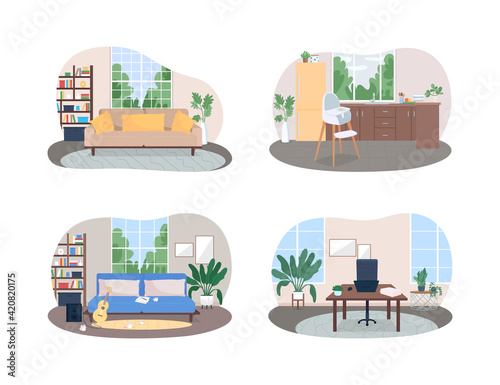 Home space 2D vector web banner, poster set. Living room. Kitchen with highchair. Workplace with desk. Modern flat interior on cartoon background. Household printable patch, colorful web element pack