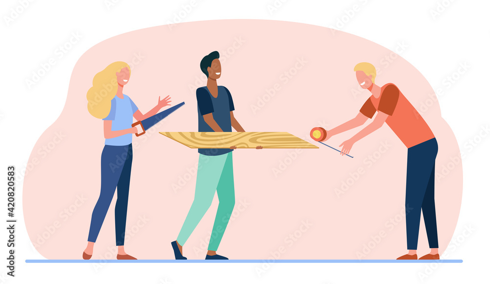 Carpenters men and woman holding saw, tape-measure tools and wooden plank. Workers people characters flat vector illustration. Handyman profession concept for website design or landing web page