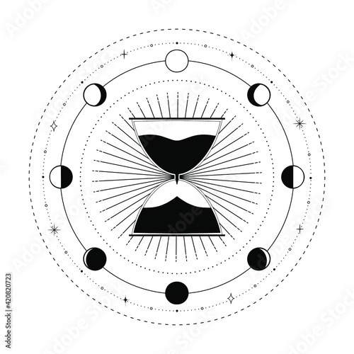 Cool Hourglass Illustration. Hand drawn celestial hourglass. Poster with moon phases. Cool logo design with lines and moon elements 