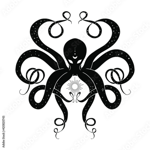 Occult illustration of black octopus. Hand drawn poster with mystical octopus. Boho styled tattoo design with sun and stars. 