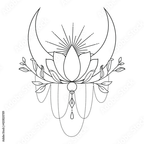 Cool abstract Illustration with Sun. Tattoo idea with lines. Boho artwork with connected sun and moon 