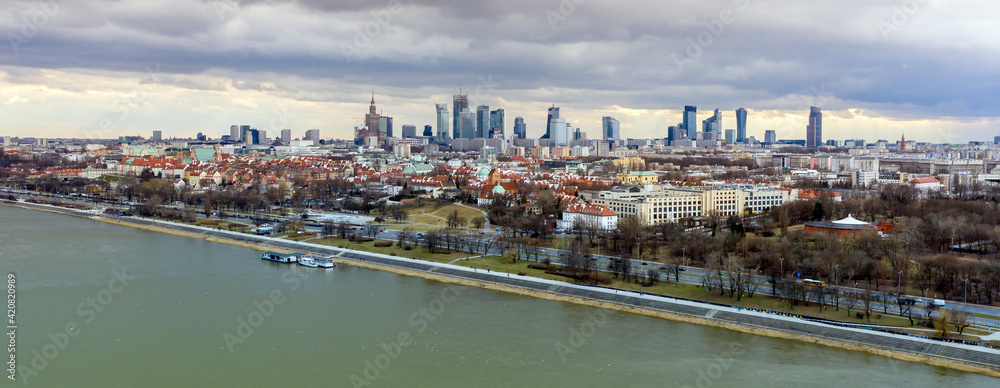 Panoramic drone view over Vistula river in Warsaw