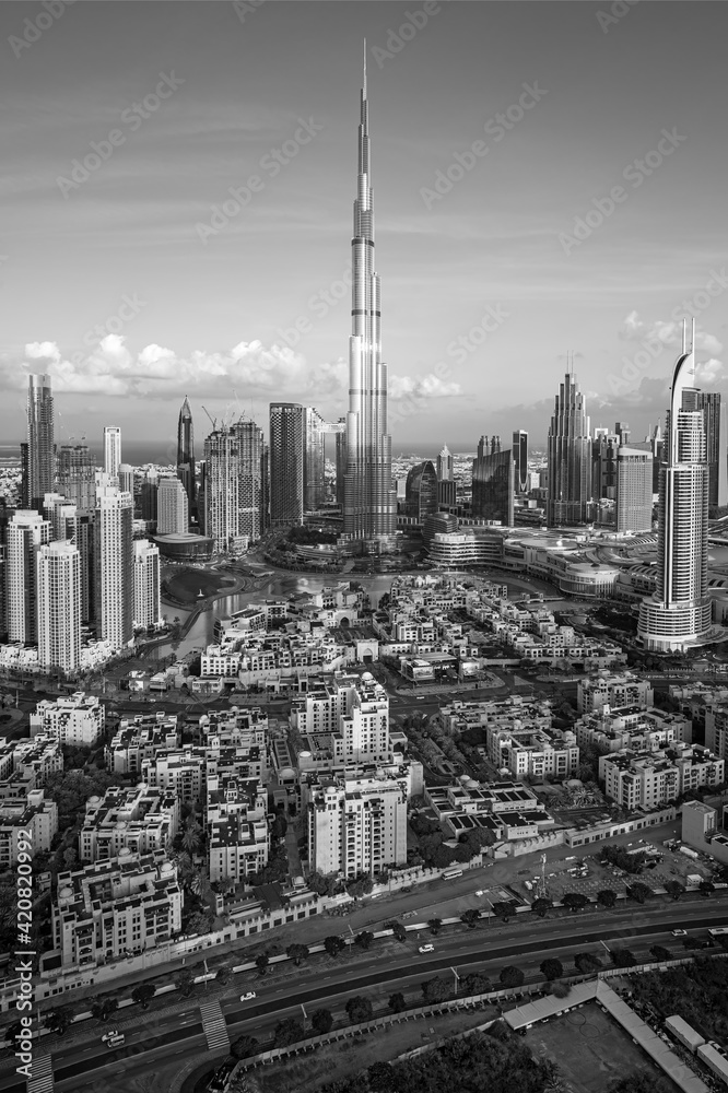 Dubai city center skyline - amazing cityscape with luxury skyscrapers at sunrise, United Arab Emirates