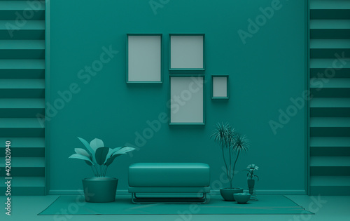 Interior room in plain monochrome dark green color, 4 frames on the wall with furnitures and plants, for poster presentation, Gallery wall. 3D rendering