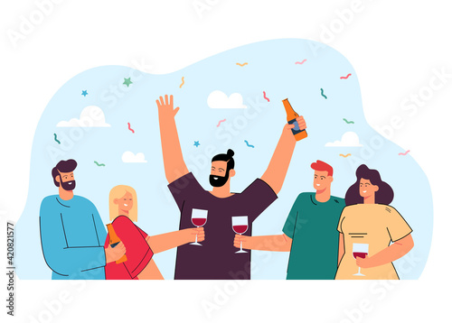 Happy friends drinking wine or beer together flat vector illustration. Cartoon positive people clinking glasses with alcohol drinks, smiling and making toasts. Friendship and party celebration concept