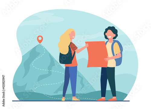 Tourists man and woman hiking in mountains with map and backpacks. Travelers adventure flat vector illustration. Leisure activity, tourism, travel concept for website design or landing web page