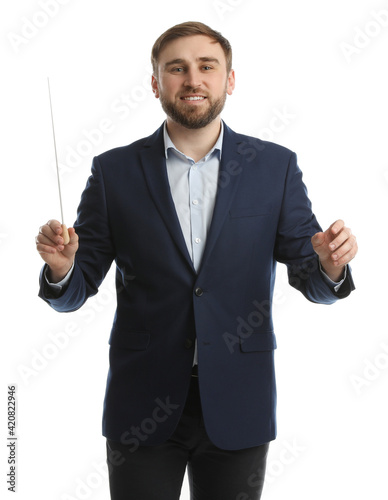 Music teacher with baton on white background