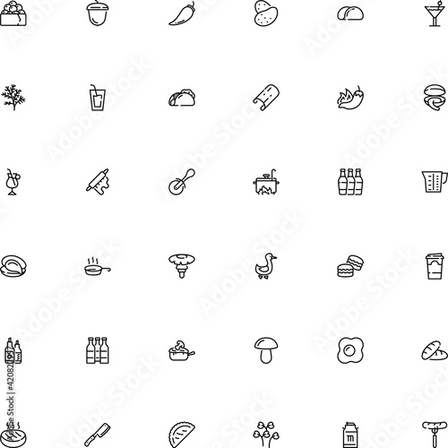 icon vector icon set such as: mushrooms, liter, omelet, bun, circle, salmon, fastfood, wheat, cap, red, seasoning, latte, sauce, lines, dill, taco, classic, culinary, egg, soup, soda, saj bread