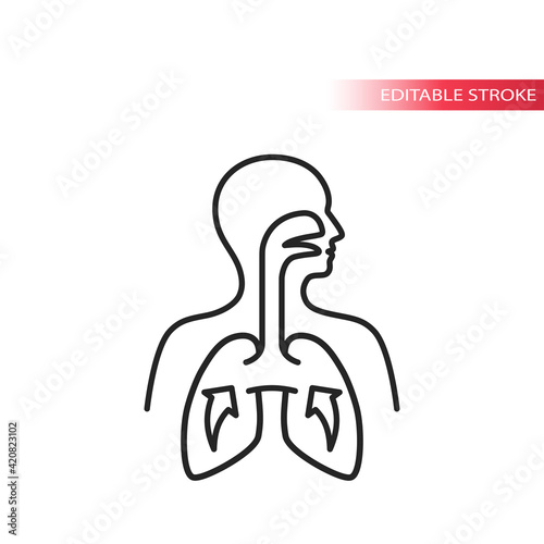 Respiratory system symbol. Human body with lungs, nose and mouth line icon, editable stroke.