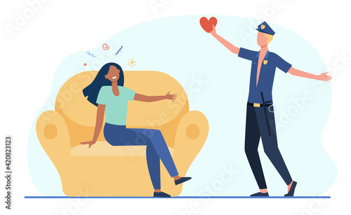 Caucasian cop man confessing love to African American woman. Police officer flat vector illustration. Love confession, BLM, relationship diversity concept for website design or landing web page