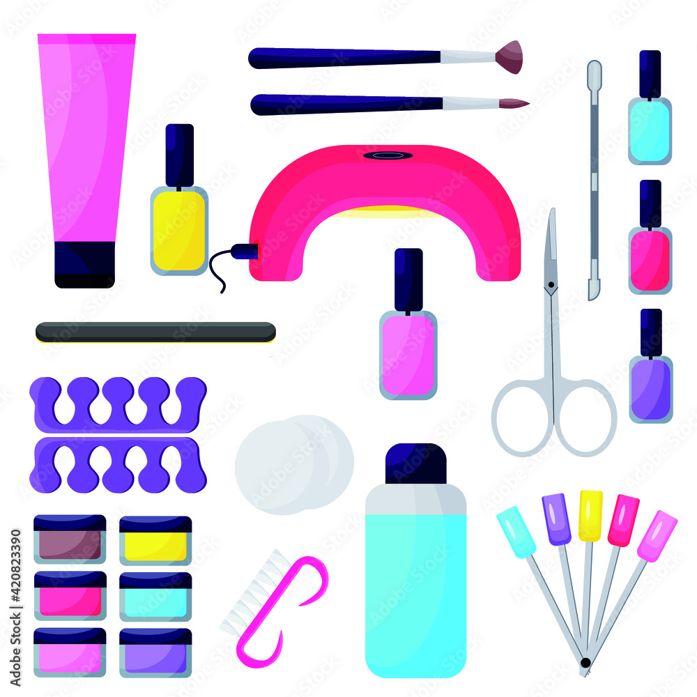 set of manicure and nail care icons with various tools and accessories, nail polish, manicure lamp, manicure tool. color vector illustration.Manicure tools