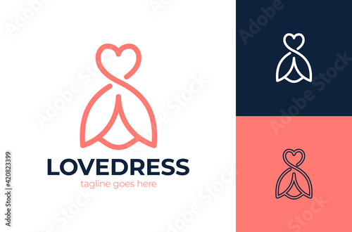 love clothing logo vector icon. Fashion boutique dress with heart shaped shoulder hanger logo