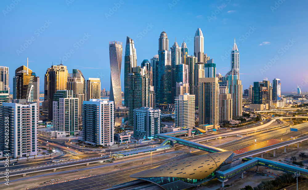 Amazing rooftop view on Dubai Marina skyscrapers and Sheikh Zayed road, Dubai, United Arab Emirates