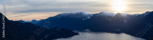 Scenic Panoramic Landscape view of the Beautiful Canadian Nature from the top of the Mountain during a colorful sunset. Taken in Squamish, North of Vancouver, British Columbia, Canada.
