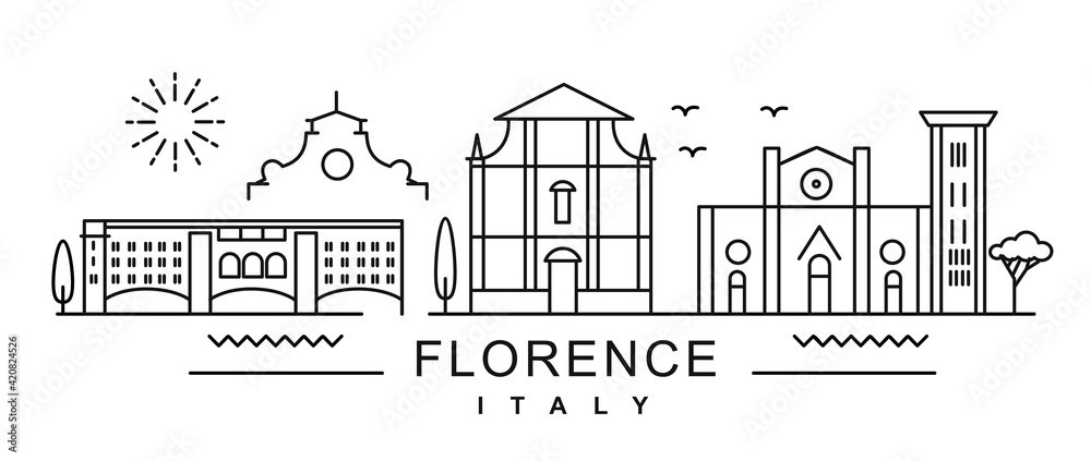 city of Florence in outline style on white. Landmarks sign with inscription.